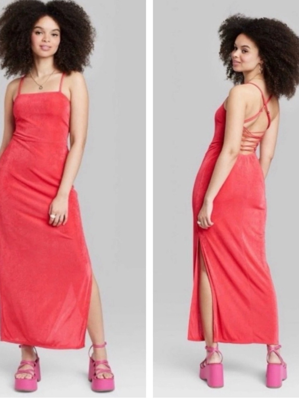 NWT Target Wild Fable Coral Red Maxi Dress with Strappy Lace-Up Back Size Large